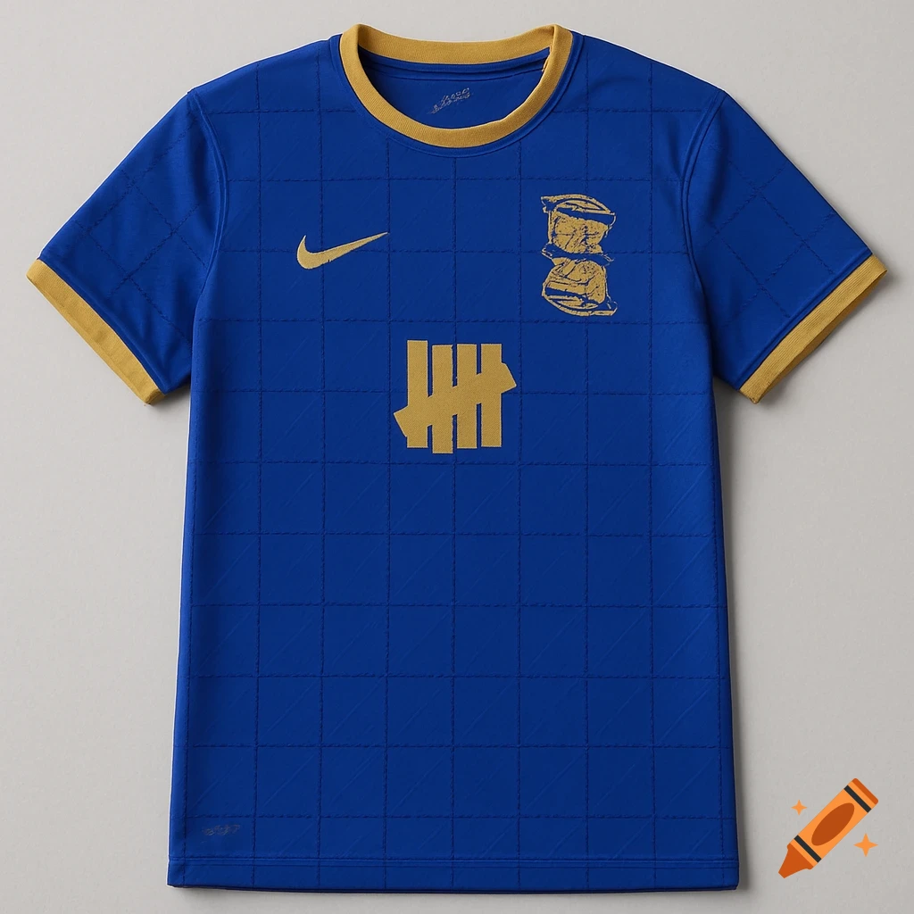 A royal blue soccer jersey with gold trim on the sleeves and collar, featuring a gold Nike swoosh, a gold Undefeated tally logo, and a gold distorted club badge on the front.
