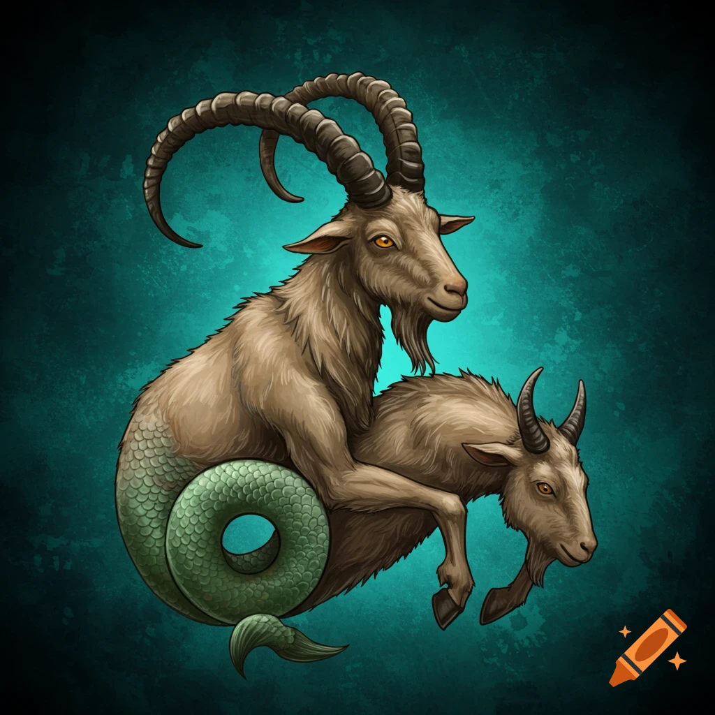 An illustration of a Capricorn, a mythical goat-fish creature, holding a small brown goat, set against a dark teal background.