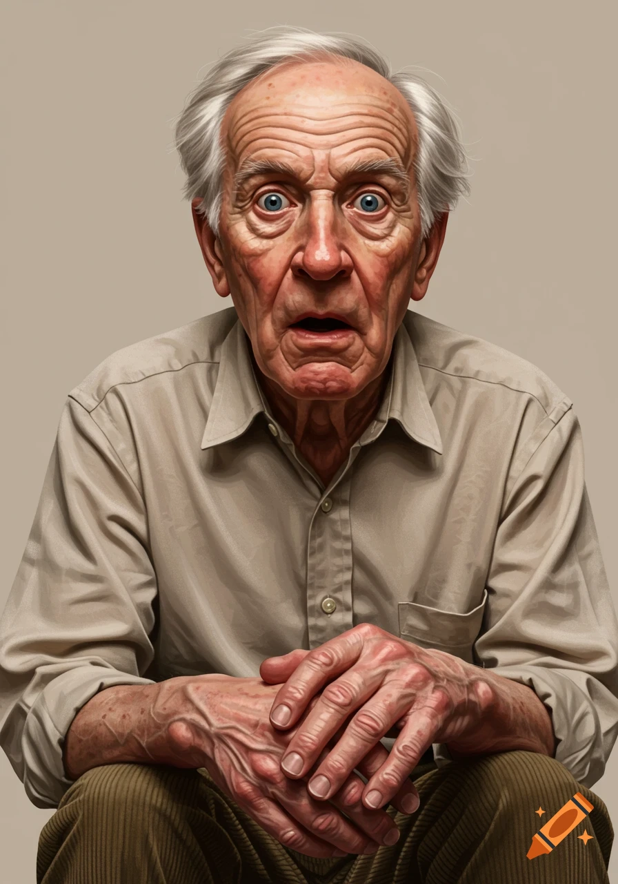 A close-up, photorealistic portrait of an old man with white hair and blue eyes, looking surprised with his mouth slightly open.