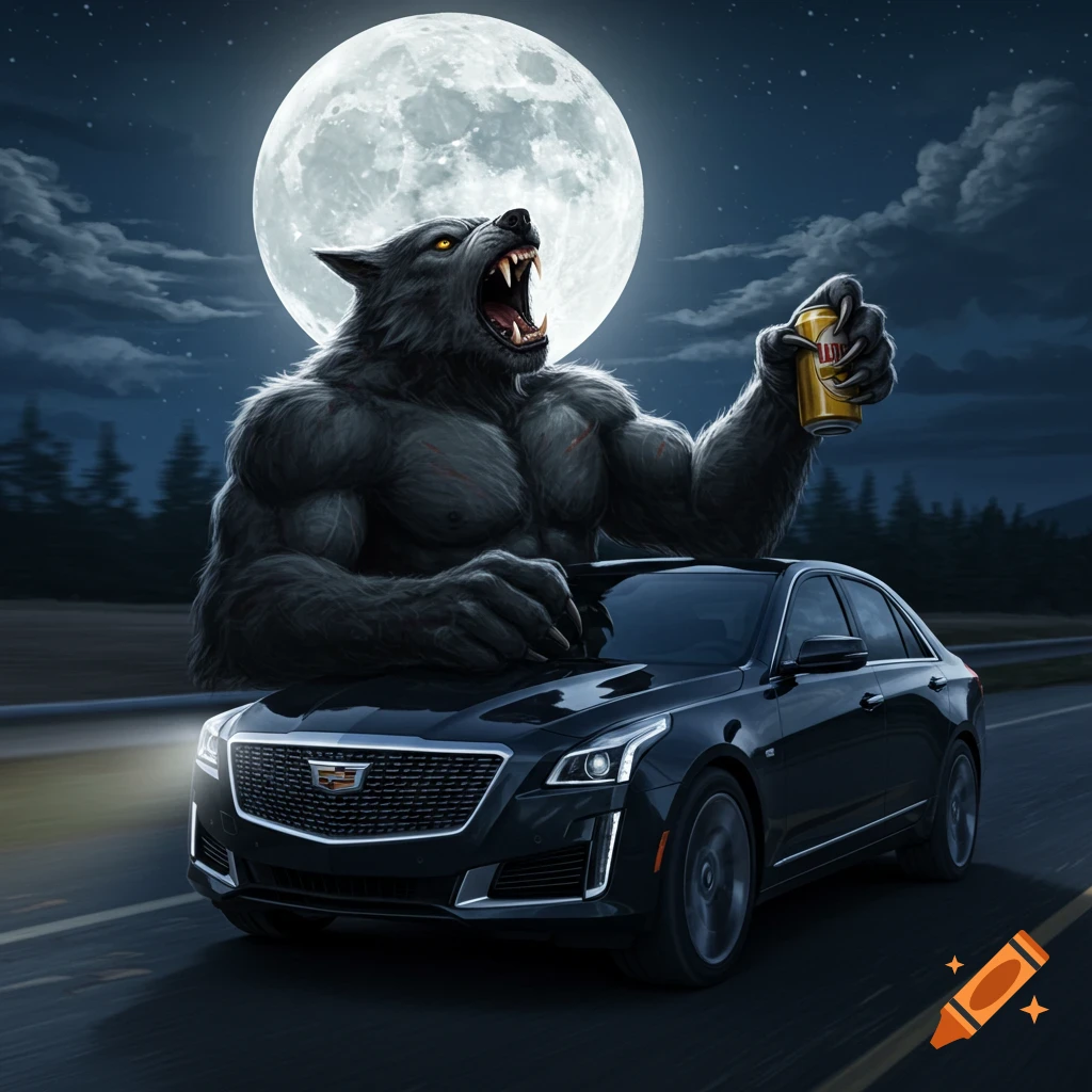 A gray werewolf howls at a full moon while leaning on a black Cadillac sedan, holding a beer can, on a highway at night.