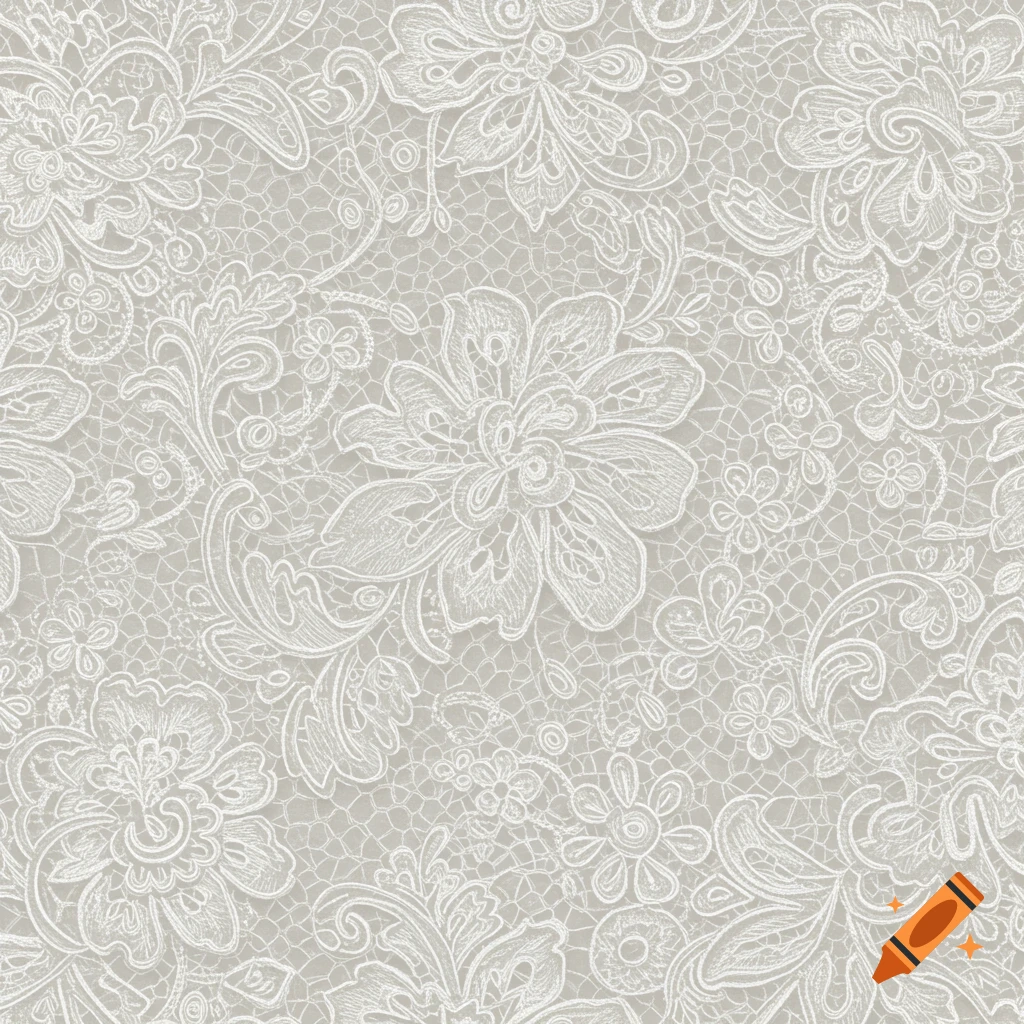 A seamless white lace pattern on a light grey background with intricate floral designs.