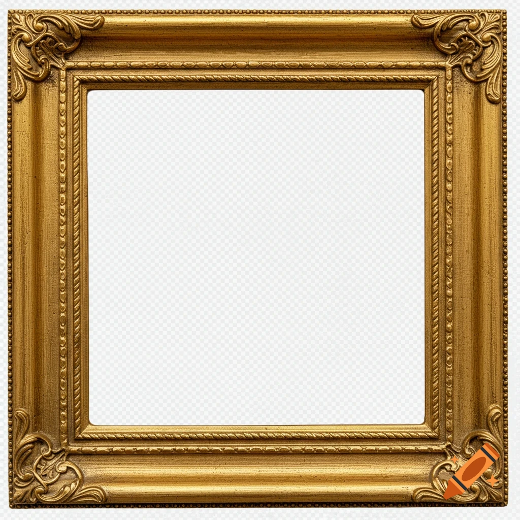 An ornate, square gold picture frame with a transparent background.