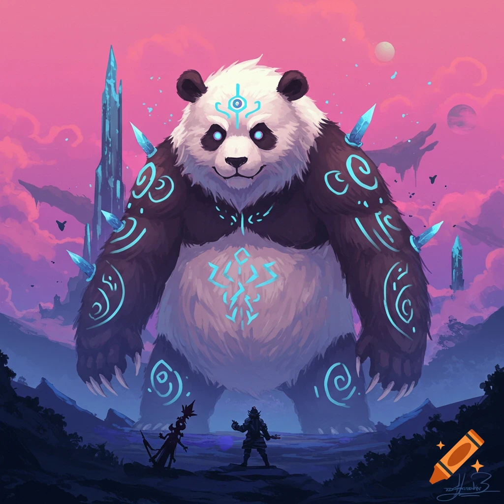 Giant mystical panda with glowing blue symbols and crystals towers over two small adventurers in a fantastical pink and blue landscape.