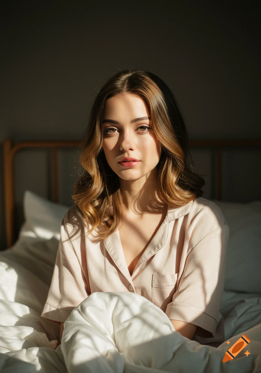 Cinematic portrait of a young woman with warm backlighting, sitting on a bed in light pink sleepwear.