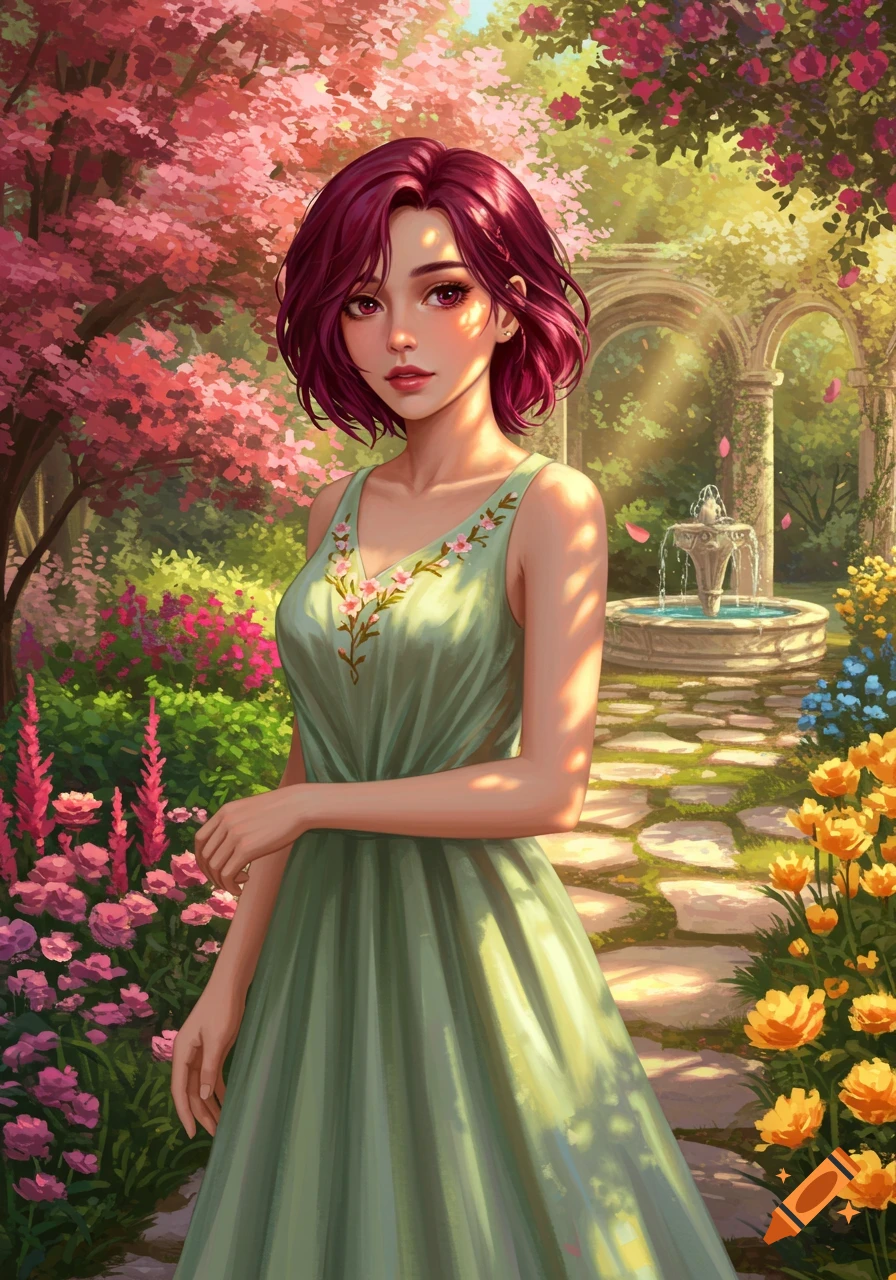 An anime-style illustration of a young woman with short red hair in a green dress, standing in a sunlit, vibrant garden with colorful flowers and a fountain.