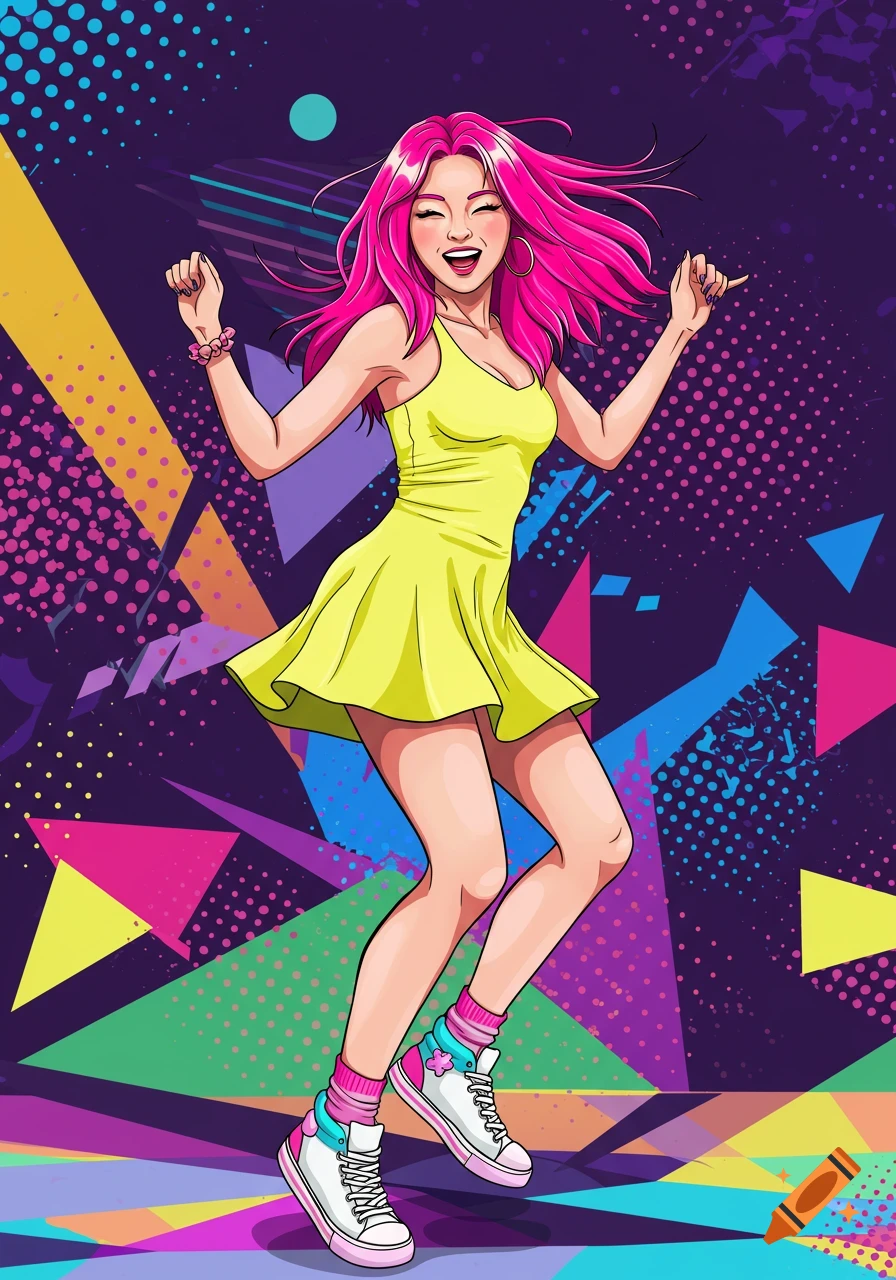 A cartoon woman with vibrant pink hair in a yellow dress dances energetically against a colorful pop art background.