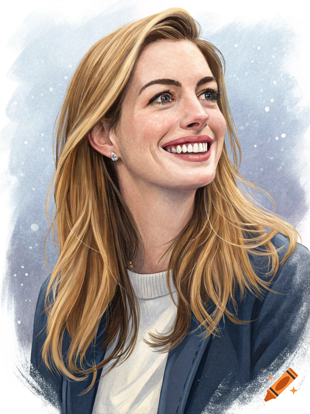 A vibrant illustrative portrait of a smiling woman with long blonde hair, looking up and to the right, wearing a white sweater and blue jacket.