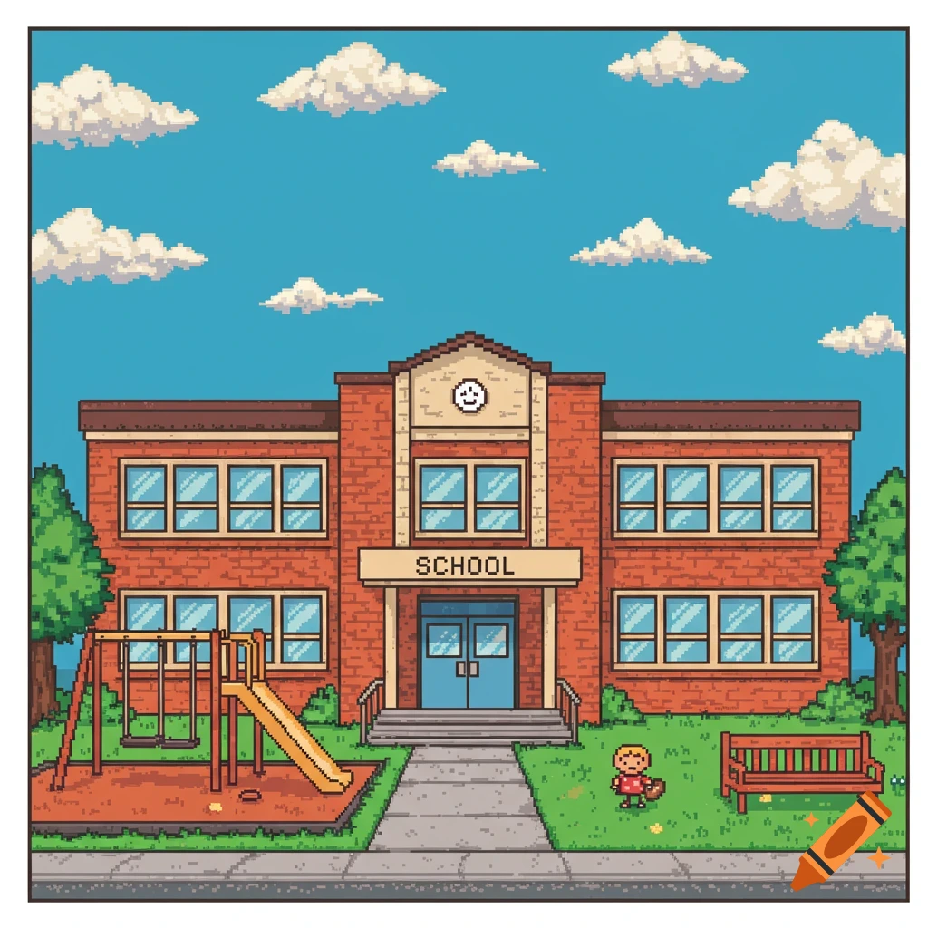 A pixel art illustration of a red brick school building with a playground, a child, a bench, trees, and clouds in a blue sky.