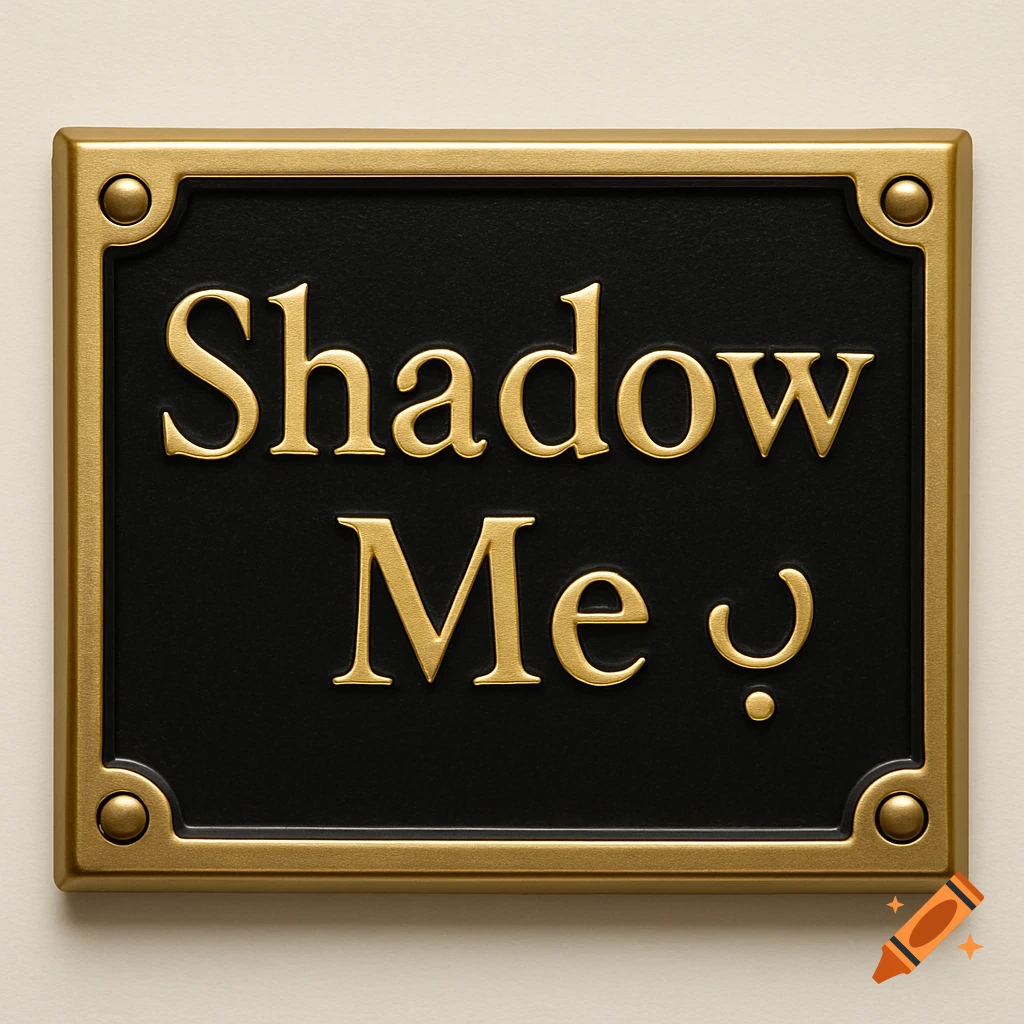 A black plaque with raised gold text that reads 'Shadow Me' followed by a sideways 'u' with a dot beneath.