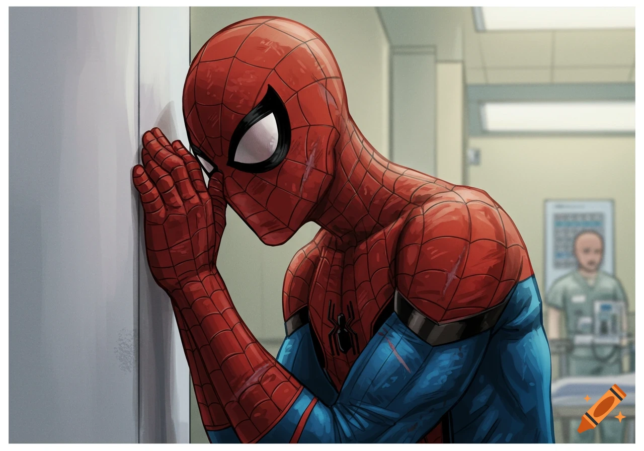 Spider-Man appears distraught, leaning against a wall in a hospital setting, in a comic art style.