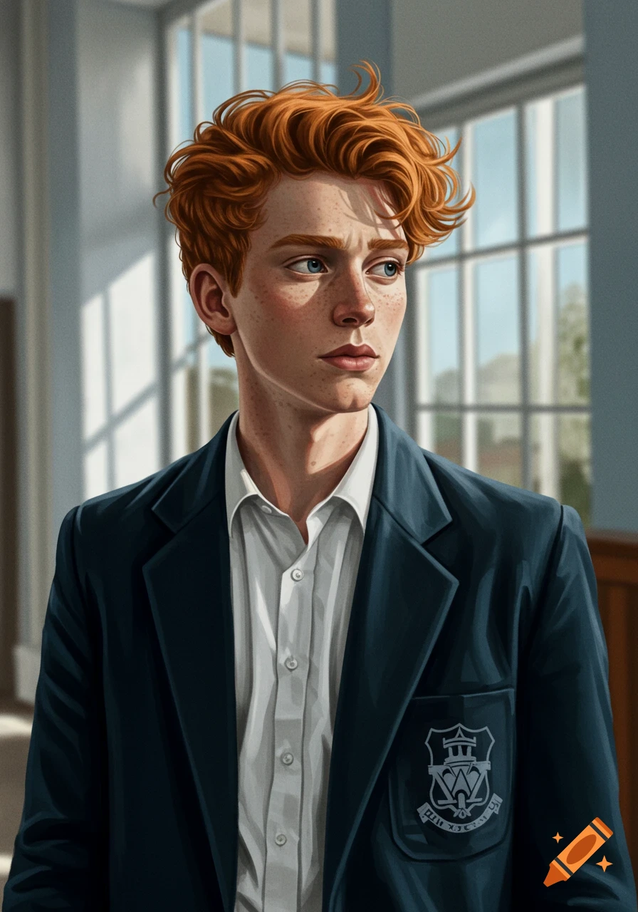 A realistic portrait of a ginger-haired male teen with freckles, wearing a dark blue school blazer and a white shirt, looking to the side.