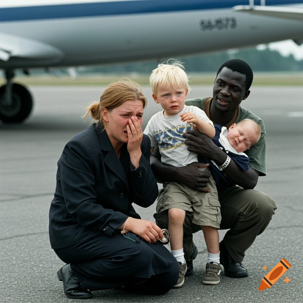 A woman cries while kneeling on an airport tarmac next to a man holding two children, with a plane behind them.