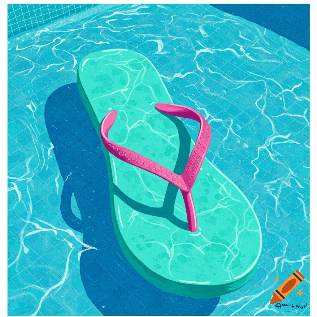 A teal flip-flop with a pink strap floats in a swimming pool with blue tiles, reflecting sunlight.