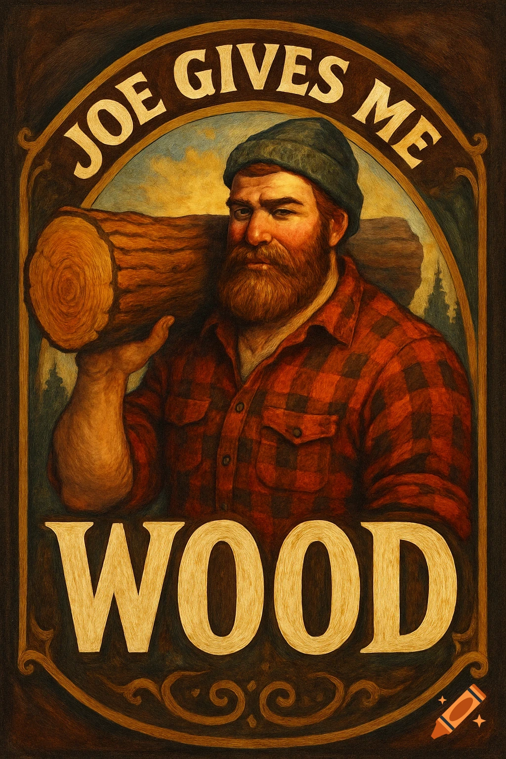 Vintage style poster of a burly, bearded man in a plaid shirt and beanie carrying a log. Text reads "JOE GIVES ME WOOD."
