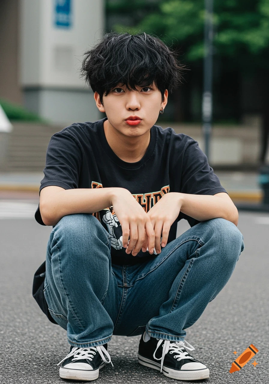 A young person with messy black hair and plump lips squats on a street, wearing a black t-shirt, jeans, and black sneakers.