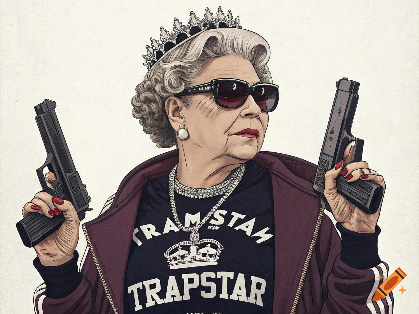 Stylized illustration of Queen Elizabeth wearing sunglasses, a crown, and "trapstar" clothing, holding two handguns.