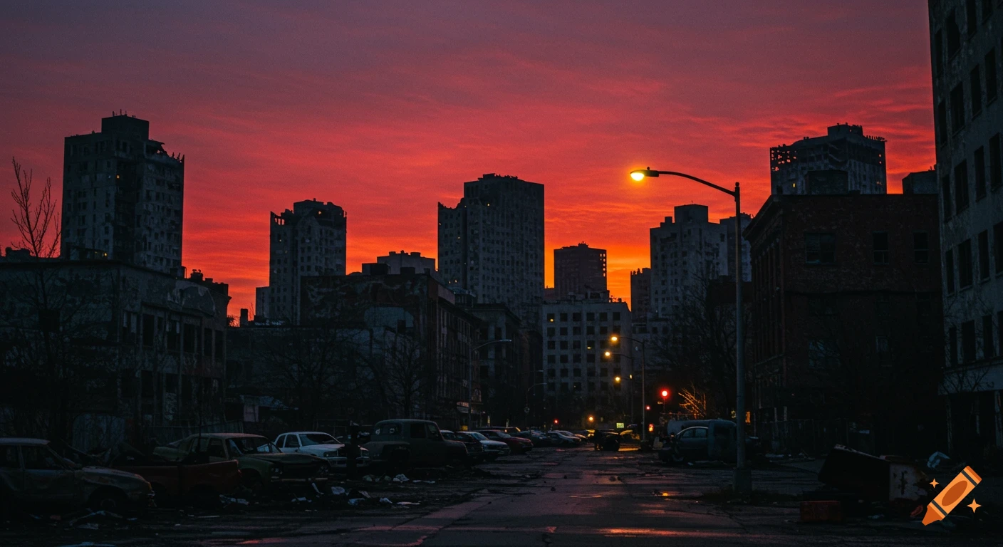 An abandoned city skyline at dusk with crumbling buildings, blood-red sky, and derelict cars on a dark street with flickering lights.