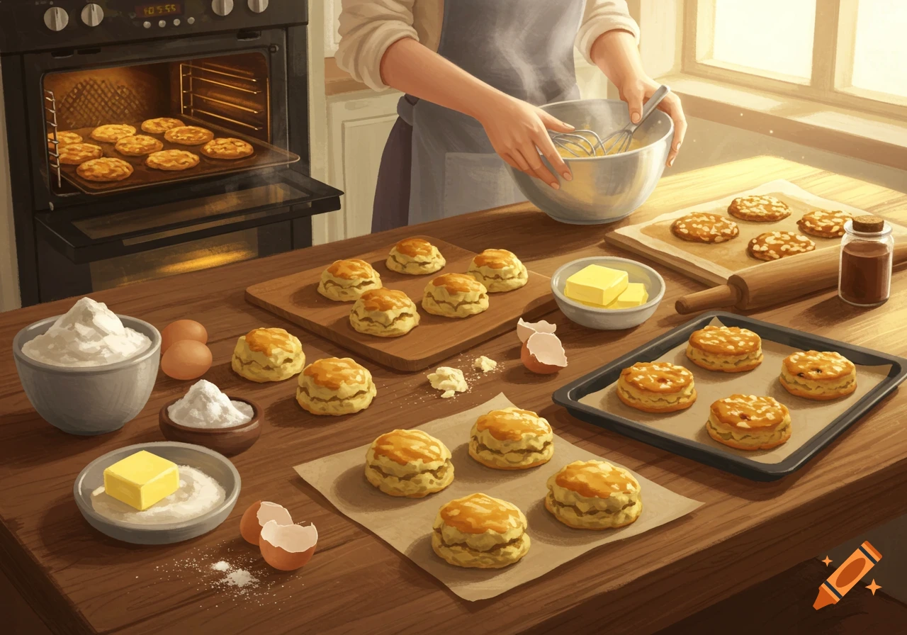 A person baking scones in a warm kitchen, with ingredients and baked goods laid out on a wooden table.