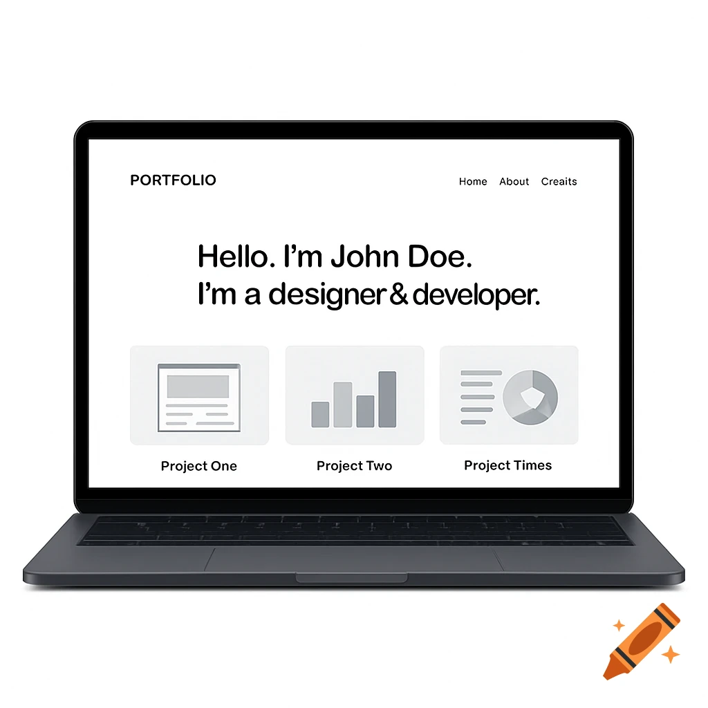 A minimal portfolio website displayed on a black laptop, showing 'Hello. I'm John Doe. I'm a designer & developer.' and project previews.