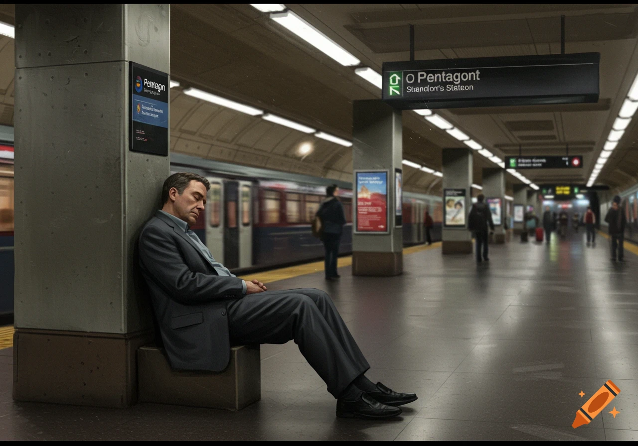 A man in a suit sleeps while sitting on a bench on a dimly lit subway station platform. A train waits at the platform in the background, with other blurred passengers.