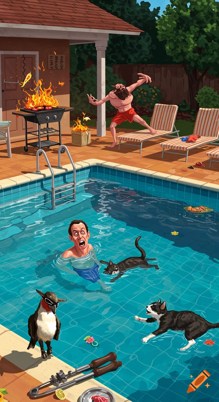 A chaotic outdoor pool party illustration with a grill on fire, a man engulfed in flames, a screaming man and cats in the pool, and a bird in sunglasses.