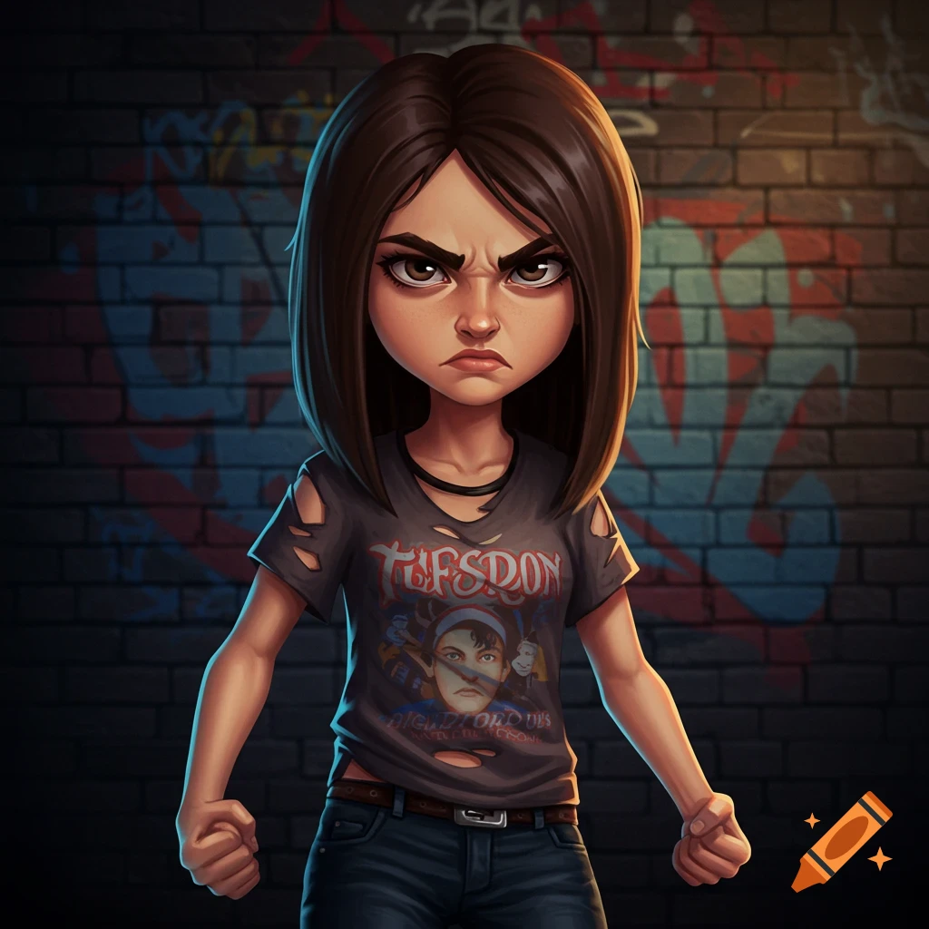 A stylized cartoon of an angry teenage girl with brown hair, wearing a ripped dark t-shirt and jeans, standing against a graffiti-covered brick wall.