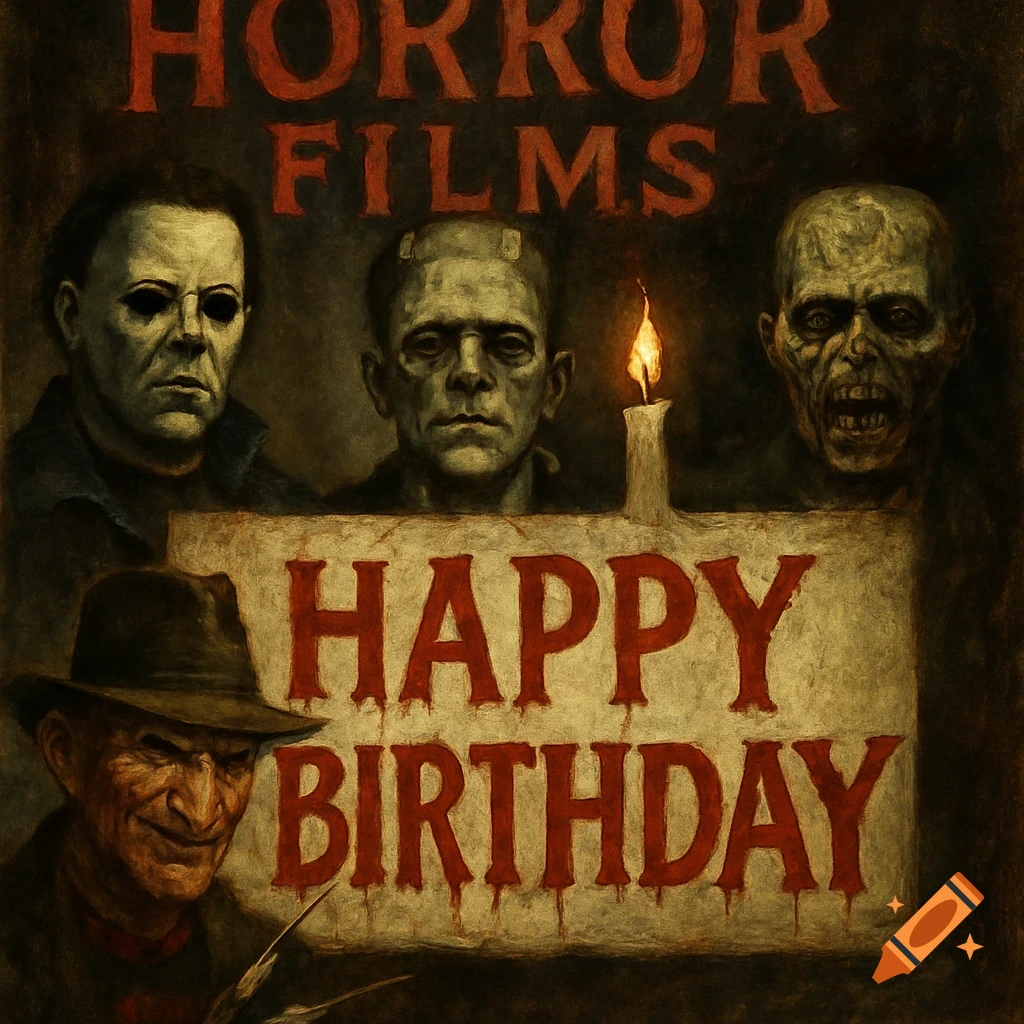 A dark illustration featuring horror characters Michael Myers, Frankenstein's Monster, a zombie, and Freddy Krueger behind a 'Happy Birthday' sign.