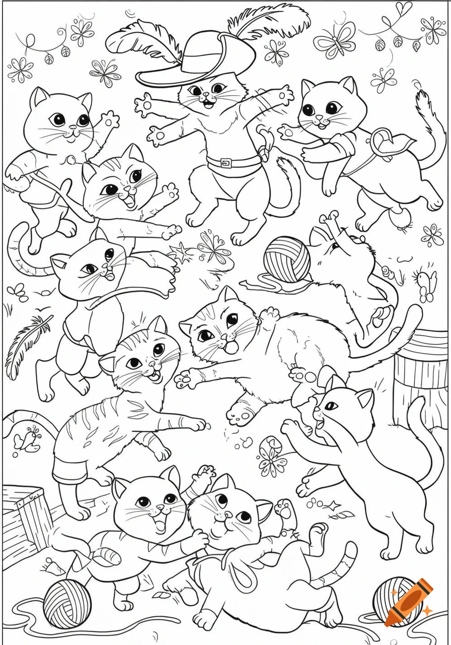 A black and white coloring page featuring many playful cartoon cats, including one dressed as Puss in Boots, surrounded by butterflies and balls of yarn.