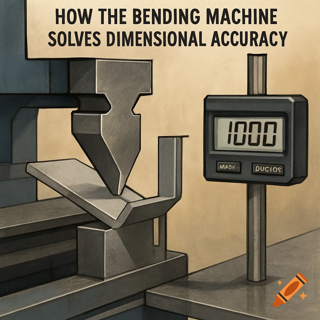 An illustration of a metal bending machine shaping a metal sheet, with a digital display showing '1000' on the right.