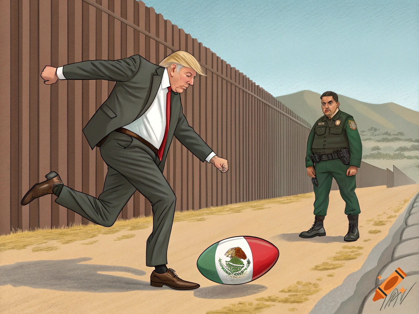 Cartoon of Donald Trump kicking a football with the Mexican flag on it, next to a border wall, with a border patrol agent standing nearby.