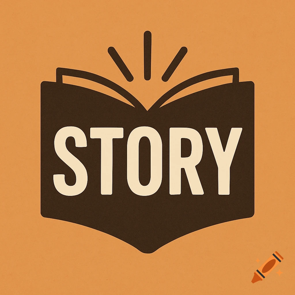 A graphic logo featuring a dark brown open book with the word 'STORY' in cream, radiating light, on an orange background.