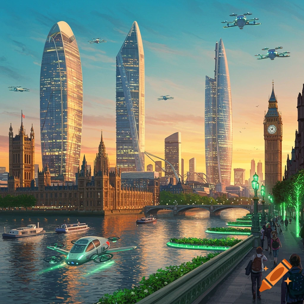 A vibrant futuristic cityscape of London at sunset, featuring sleek modern skyscrapers, traditional buildings like the Houses of Parliament and Big Ben, a river with futuristic boats and flying vehicles, and glowing green paths along the waterfront.