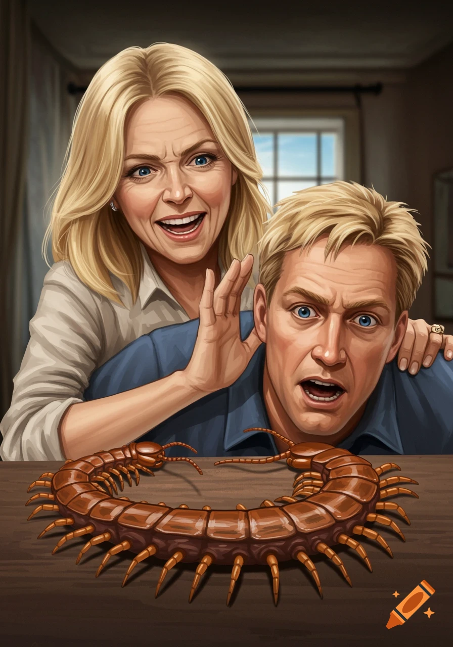 A blonde woman laughs, pushing a blonde man who recoils from a large centipede on a table. Stylized illustration.