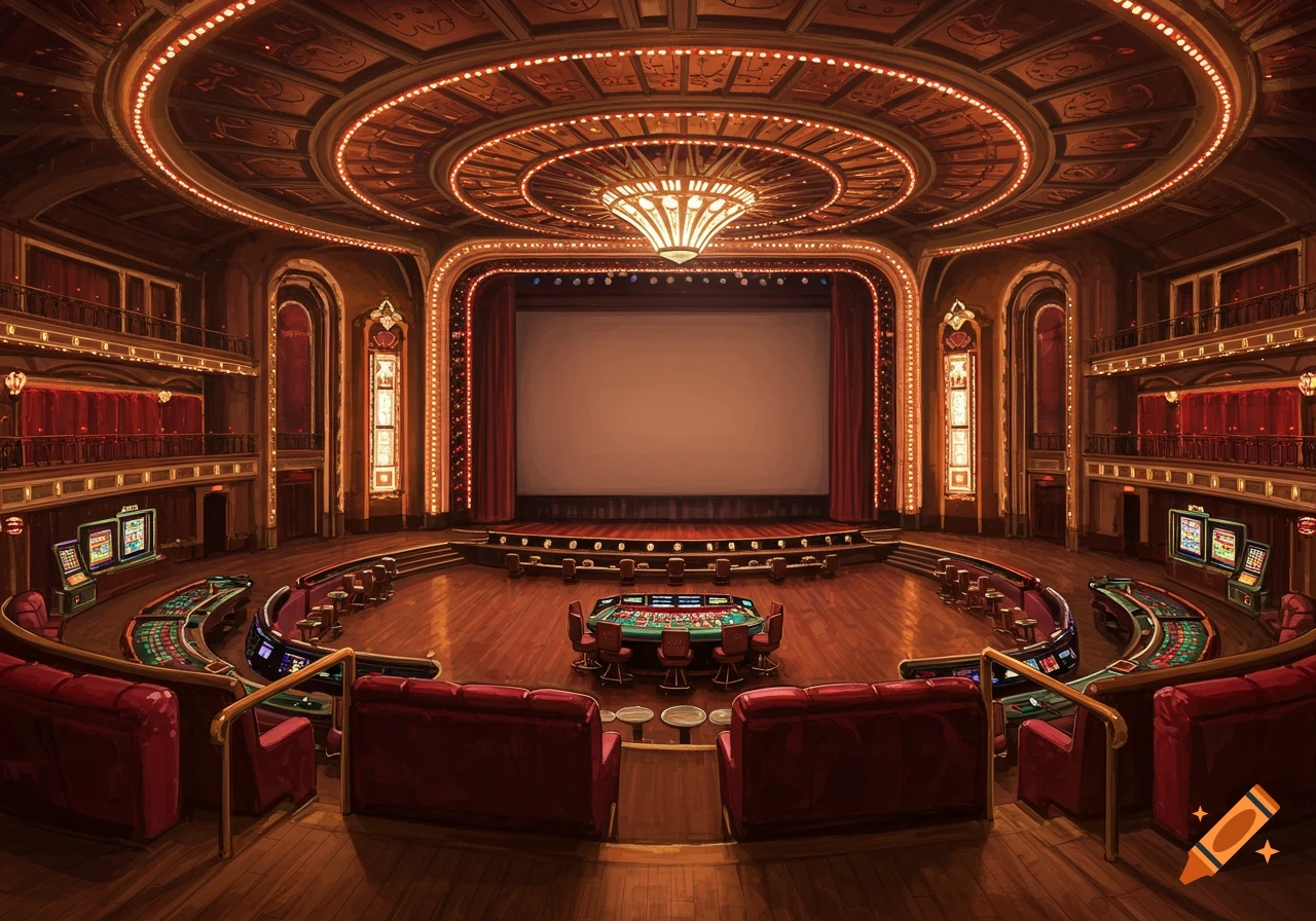 A grand, retro-style movie theater converted into a casino with a stage, gaming tables, and slot machines, illuminated by intricate lighting.