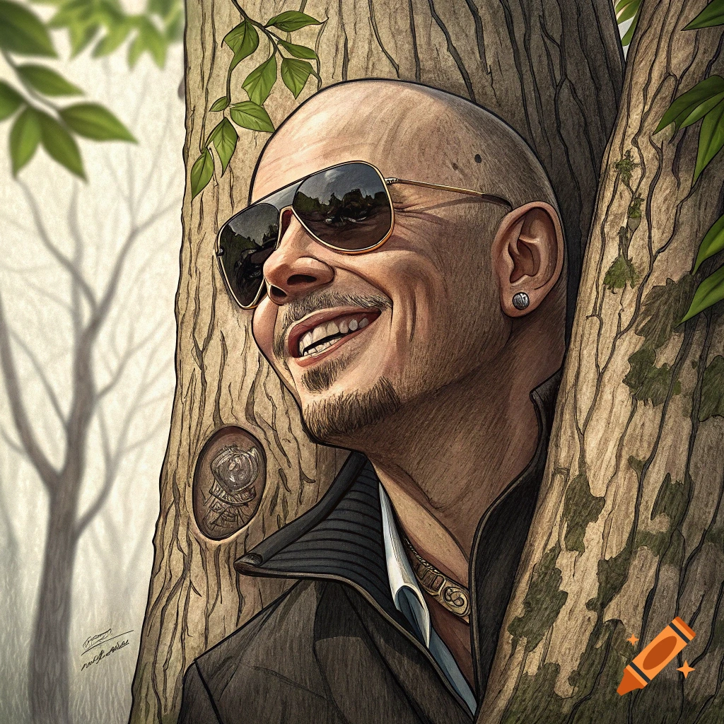 Illustrated portrait of the rapper Pitbull smiling and leaning against a tree, wearing sunglasses.
