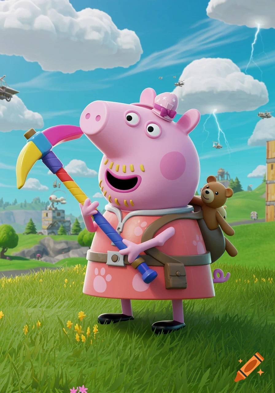 A 3D cartoon Peppa Pig in a Fortnite-style outfit holds a colorful pickaxe in a grassy field with a blue sky, clouds, and distant structures.