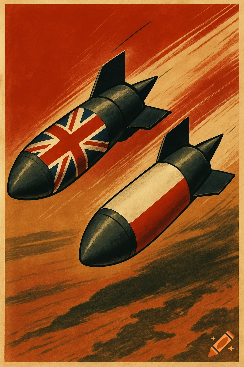 Vintage propaganda poster of a British flag missile and a Polish flag missile flying over a reddish landscape.