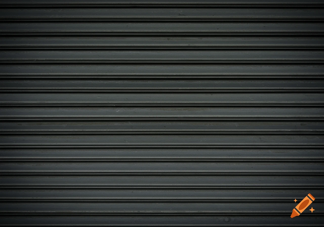 Close-up of a dark grey metallic roller shutter with horizontal slats and subtle wear, showing an industrial aesthetic.