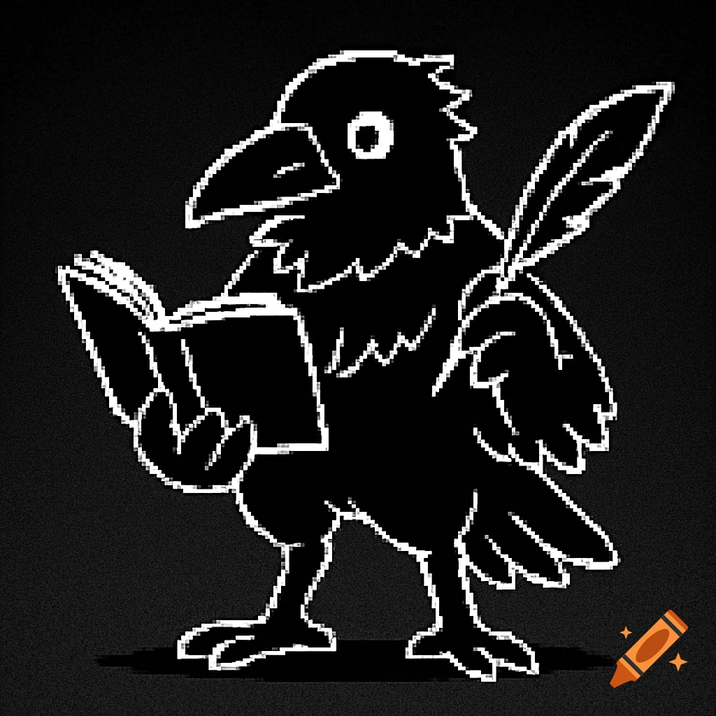 A black and white pixel art raven reads a book and has a feather tucked into its back, in the style of Undertale.