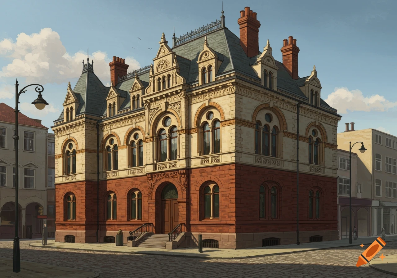 A grand Victorian-era building with intricate details and a mansard roof stands on a cobblestone street in a city.