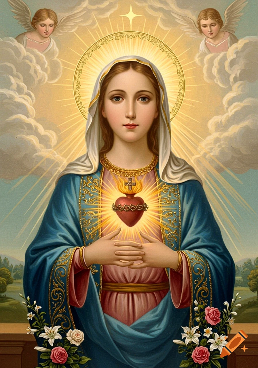 A classical painting of the Virgin Mary in blue robes, with a sacred ...