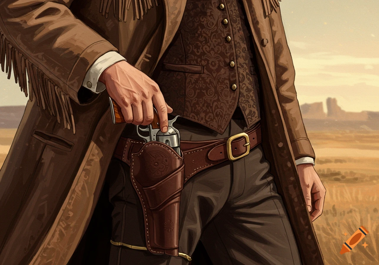 Close-up of a gunslinger in a brown duster coat with a hand resting on a revolver in a holster, against a desert background.