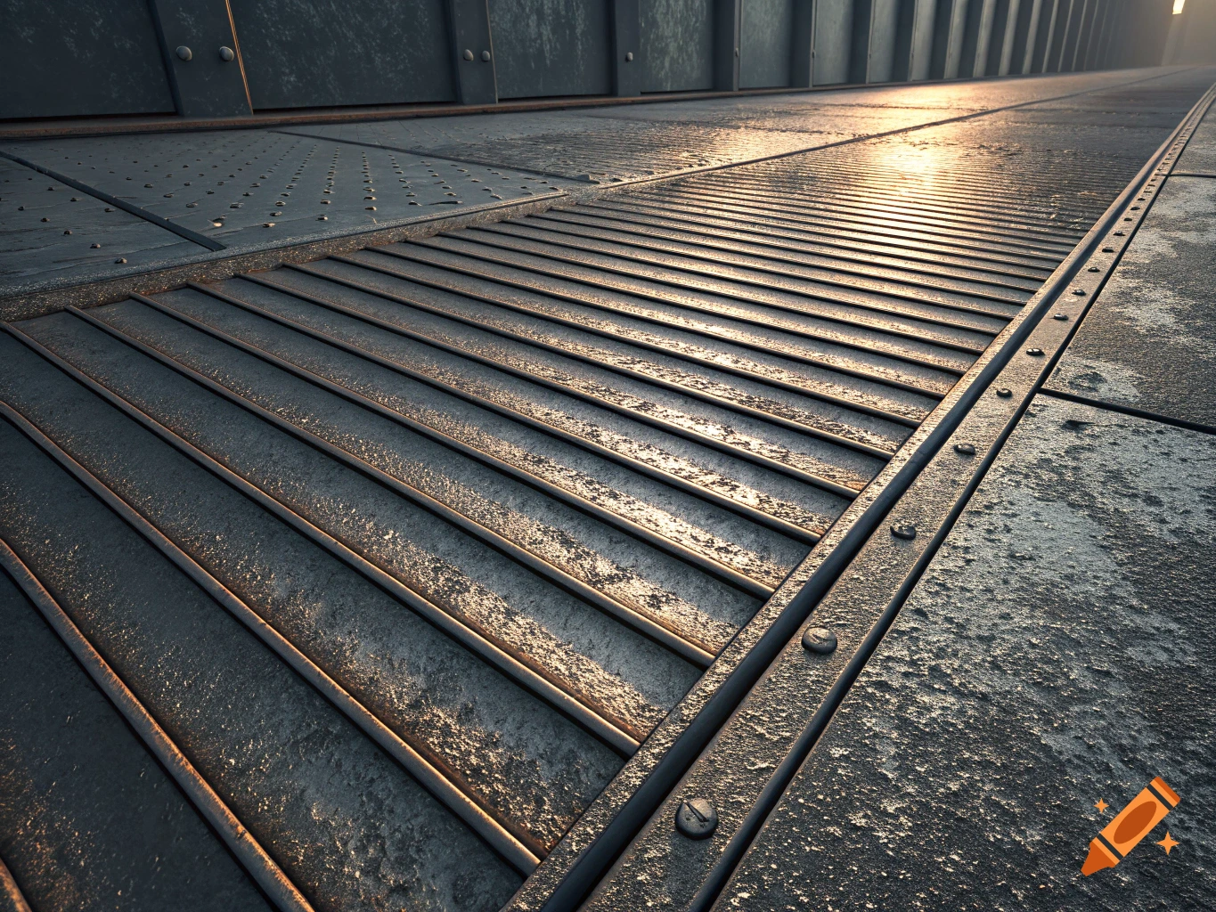 A close-up, low-angle shot of a weathered, textured metal floor with horizontal slats and rivets, lit by warm sunlight.