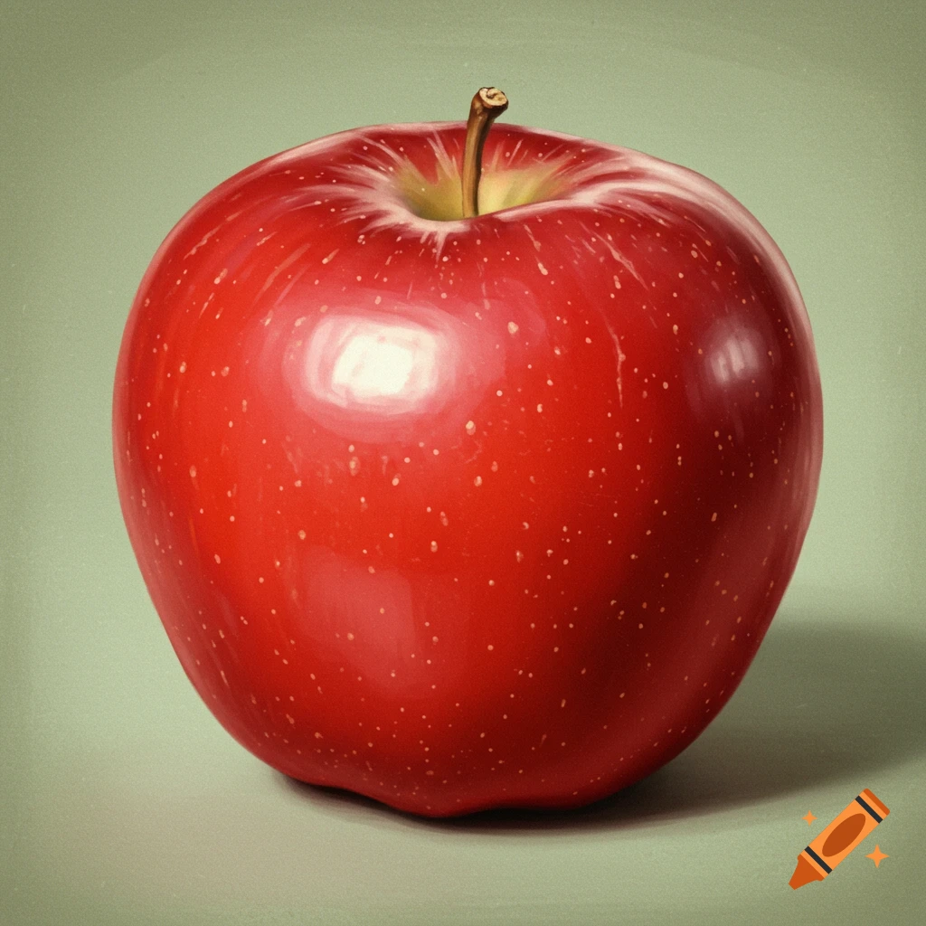A vibrant red apple with a small brown stem sits on a soft green background, depicted in a realistic style.