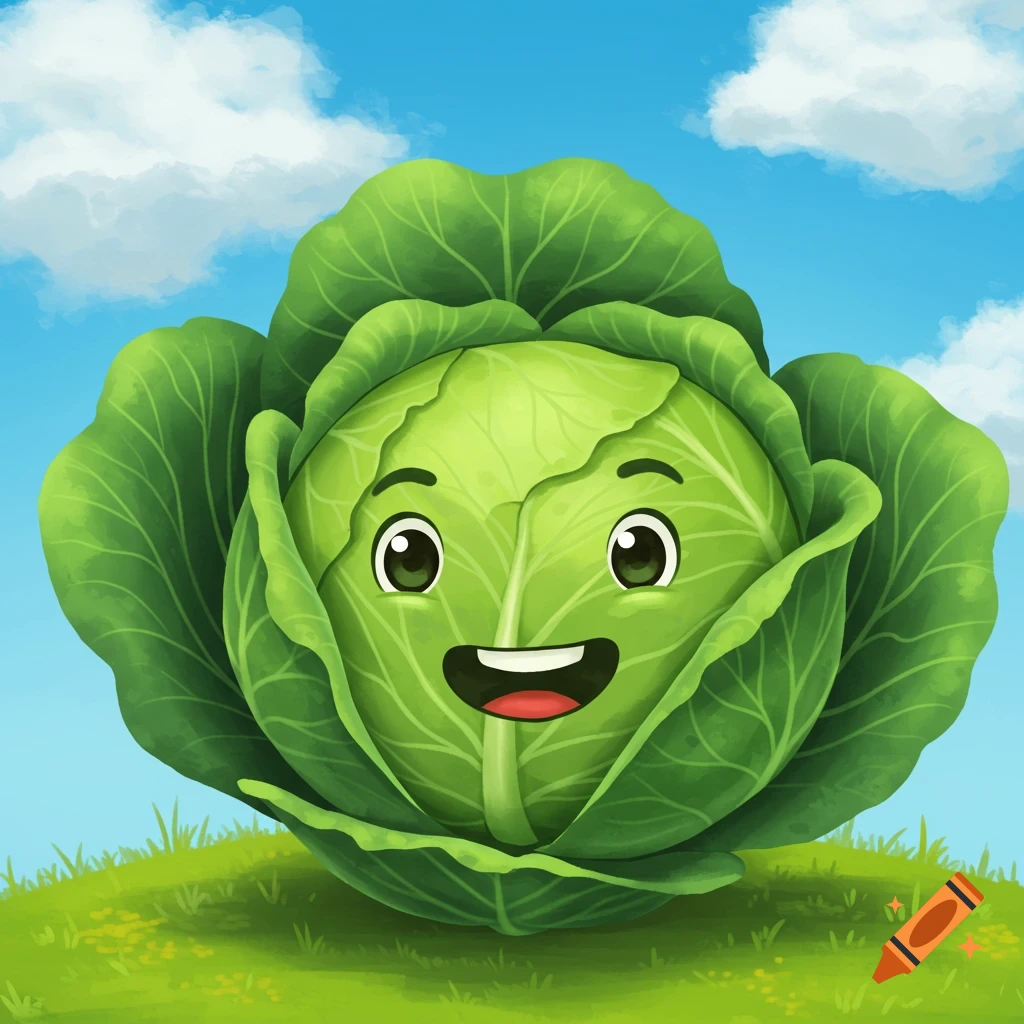 A cute, happy cartoon cabbage with a smiling face, set against a blue sky with clouds and green grass.
