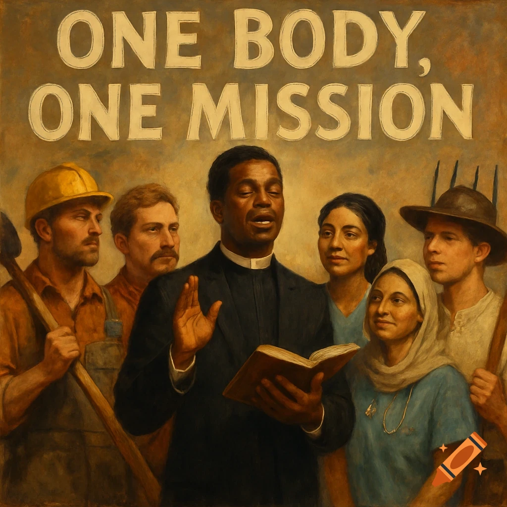 A diverse group of people including a preacher, construction worker, and farmer, standing together under text 'ONE BODY, ONE MISSION', in a painterly style.