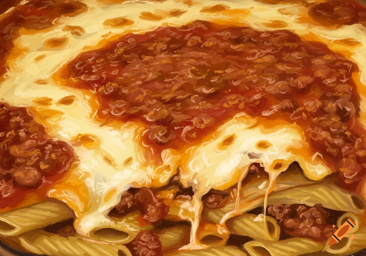 Close-up of baked ziti covered with rich bolognese sauce and bubbling melted cheese, rendered in a painterly style.