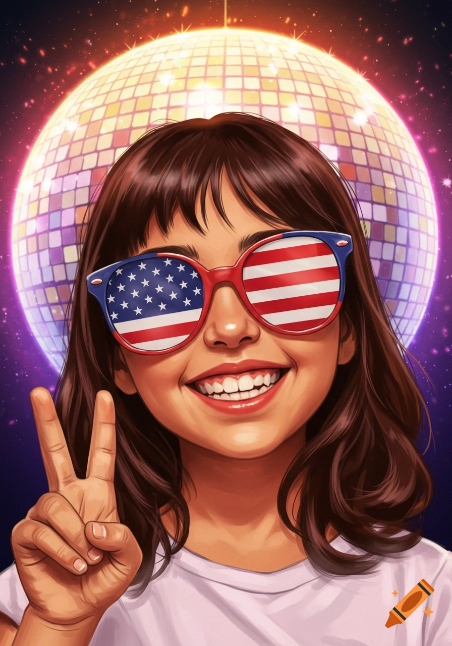 A smiling young girl in American flag sunglasses makes a peace sign in front of a sparkling disco ball background, in a vibrant illustration style.