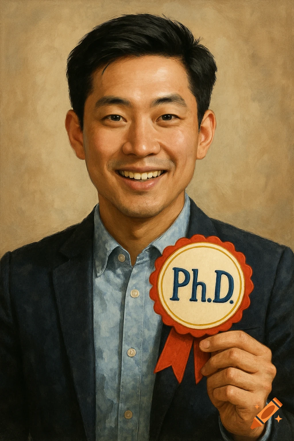 A smiling Asian man in a suit shirt holds up a Ph.D. badge in a painterly portrait.