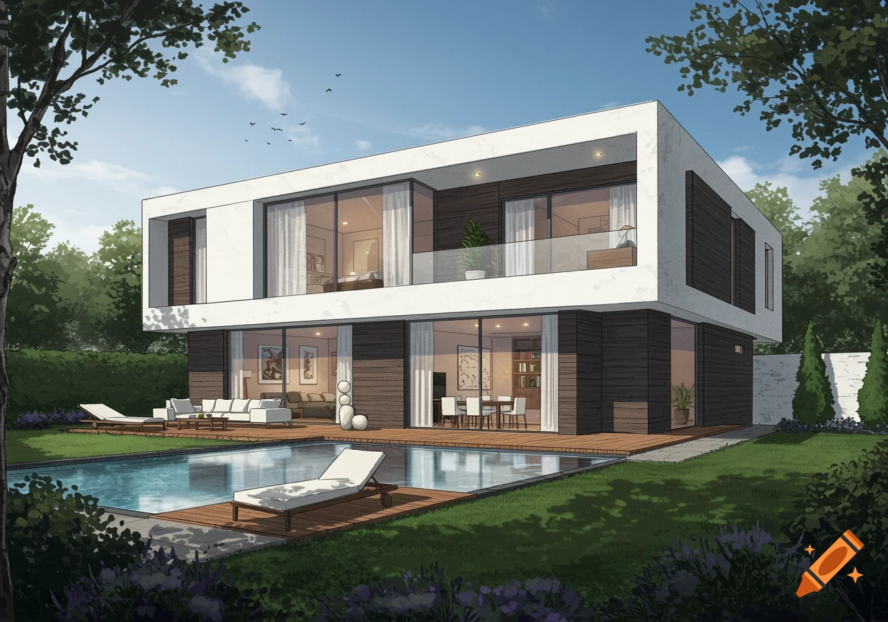 A modern two-story luxury house with a swimming pool and wooden deck, surrounded by a green garden and trees under a blue sky.